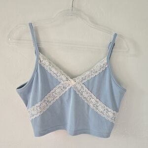 New Shein size small baby blue white lace trim ribbed soft stretchy crop top